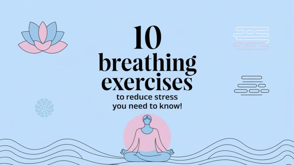 Featured image with pastel background, text '10 Breathing Exercises to Reduce Stress You Need to Know!' surrounded by calming icons like waves and a meditating figure