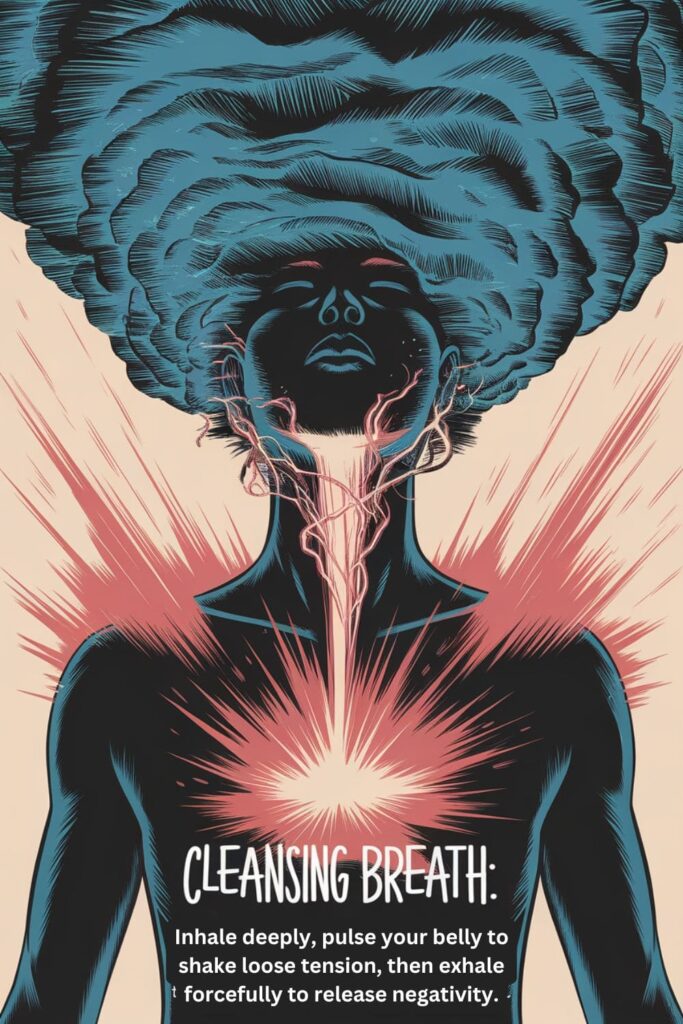 Figure exhaling dark energy, with glowing light rising during deep inhale