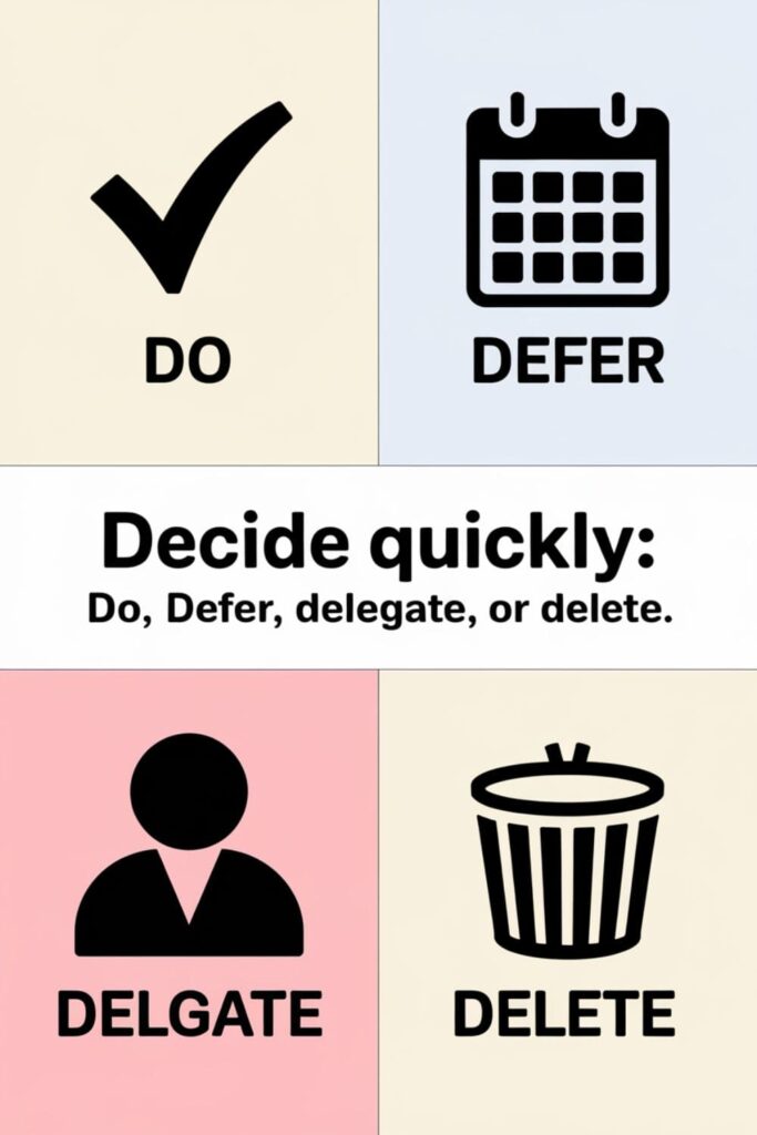 Grid showing tasks categorized as Do, Defer, Delegate, or Delete