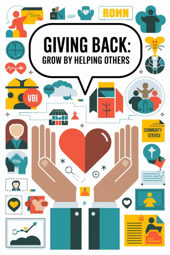 Hands holding a heart surrounded by icons of volunteer work and community service