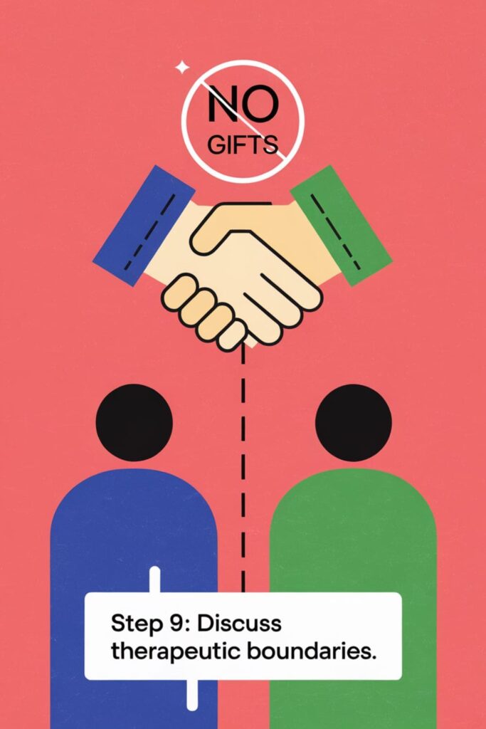 Handshake icon with 'No Gifts' sign and boundary line, coral background