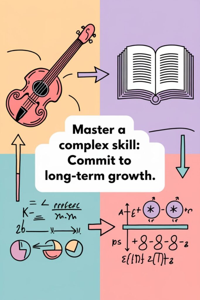 Icons of a book, musical instrument, and math equation connected