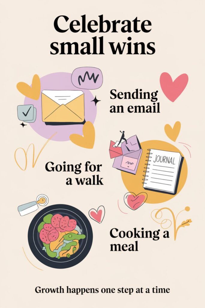 Icons representing small wins like sending emails, going for a walk, and cooking a meal
