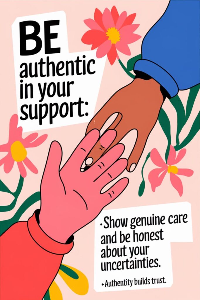 Illustration of a hand reaching out to another, with text encouraging genuine care and authenticity in support
