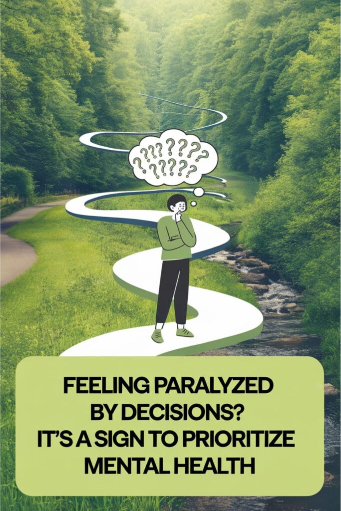 Illustration of a person overwhelmed by choices, symbolizing decision paralysis due to mental health challenges