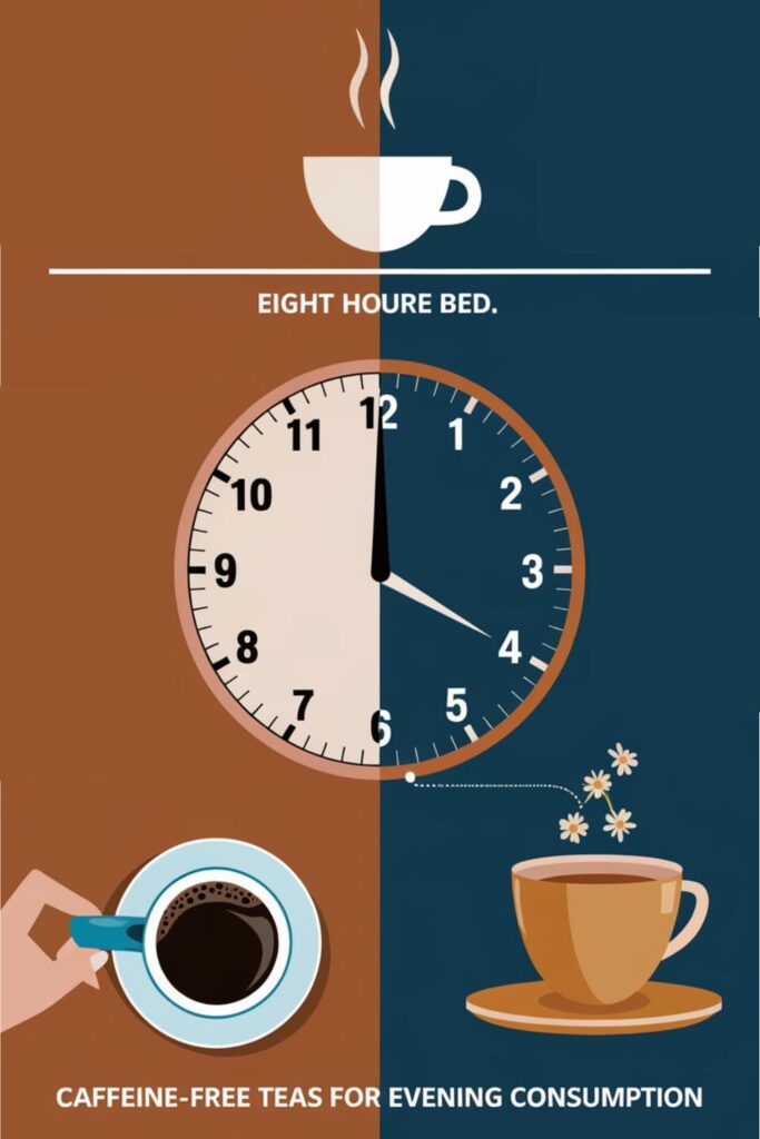 Illustration of cutting off caffeine consumption before bedtime with herbal tea alternatives