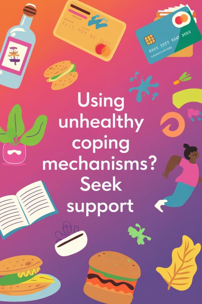 Illustration of unhealthy coping mechanisms like alcohol and credit cards with a reminder to seek support