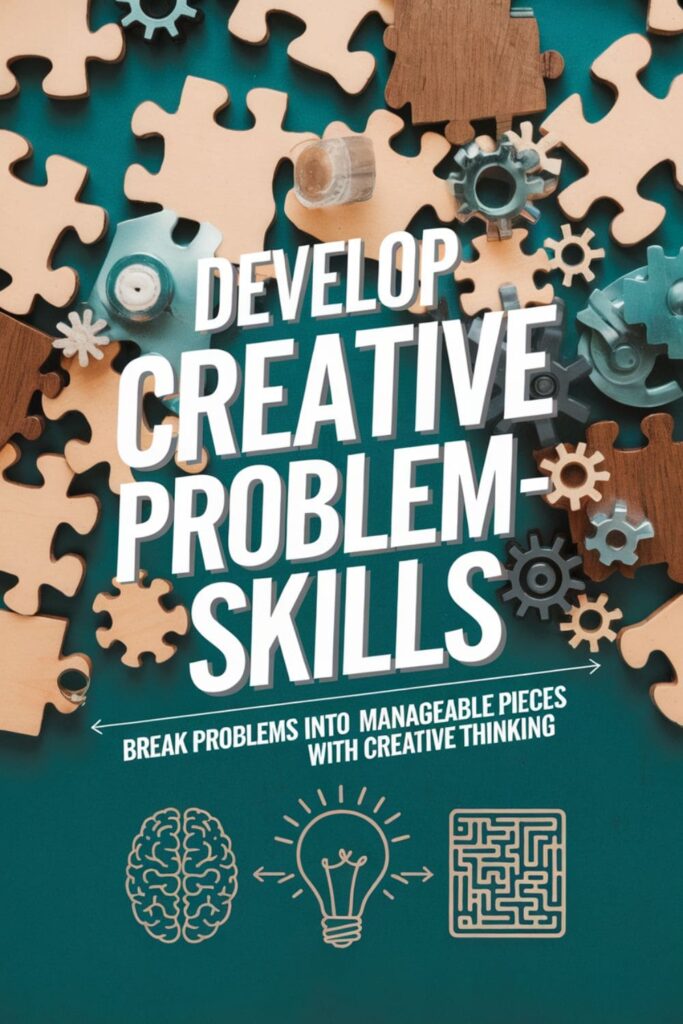 Infographic about creative problem-solving with icons of brain, lightbulb, and puzzle pieces