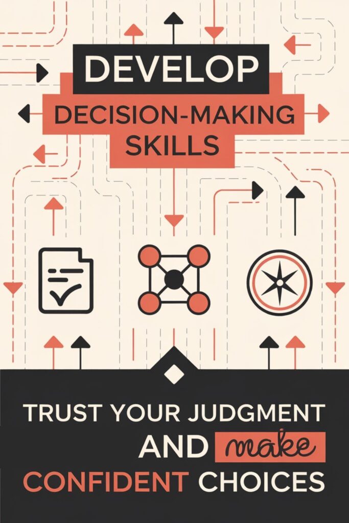 Infographic about decision-making with icons of checklist, compass, and road signs