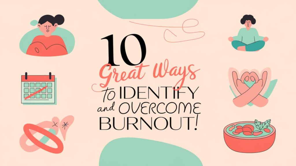 Infographic featuring 10 ways to identify and overcome burnout, with icons representing stress relief and self-care