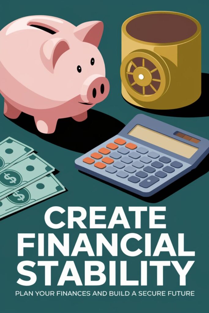 Infographic illustrating financial stability with icons of piggy bank, calculator, and dollar bills