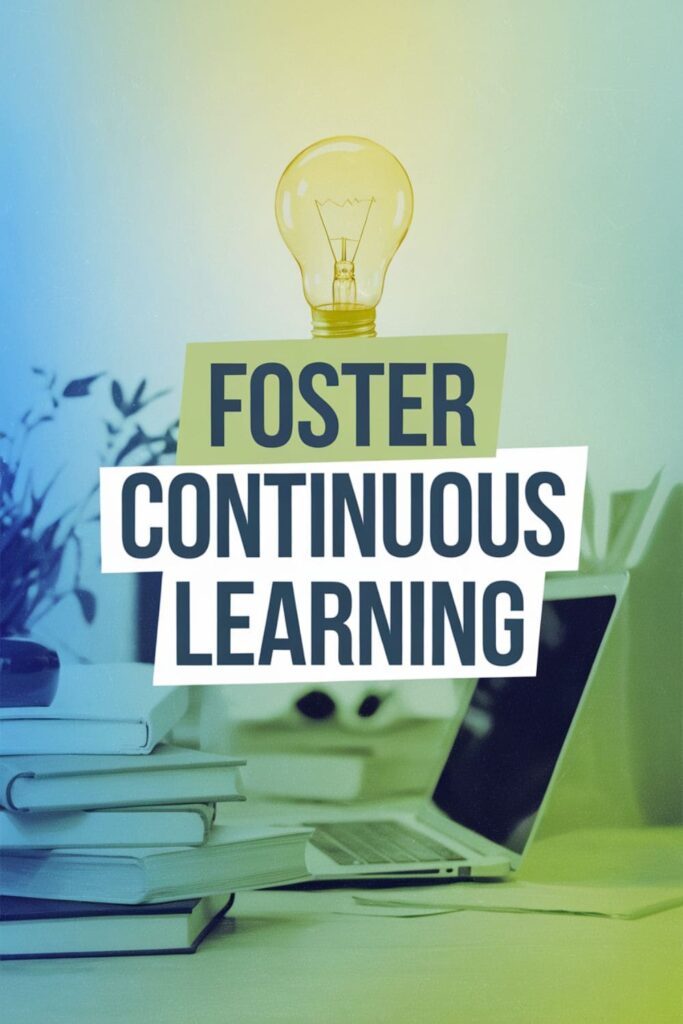 Infographic on continuous learning with books, lightbulb, and knowledge symbols