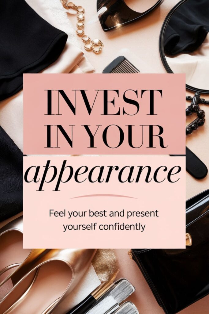 Infographic on investing in appearance with fashion items, grooming tools, and confident presentation