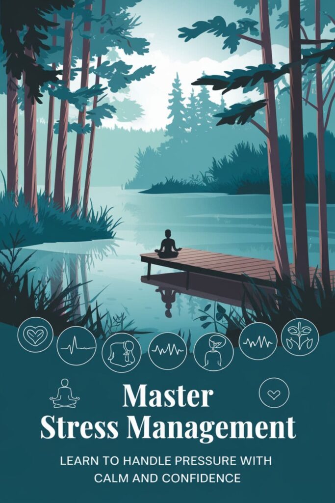 Infographic on stress management with icons of meditation, heartbeat, and calming nature