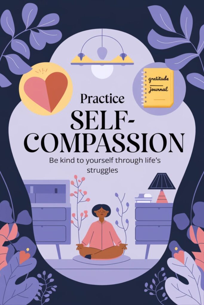 Infographic showing self-compassion with gratitude journal, heart, and peaceful imagery
