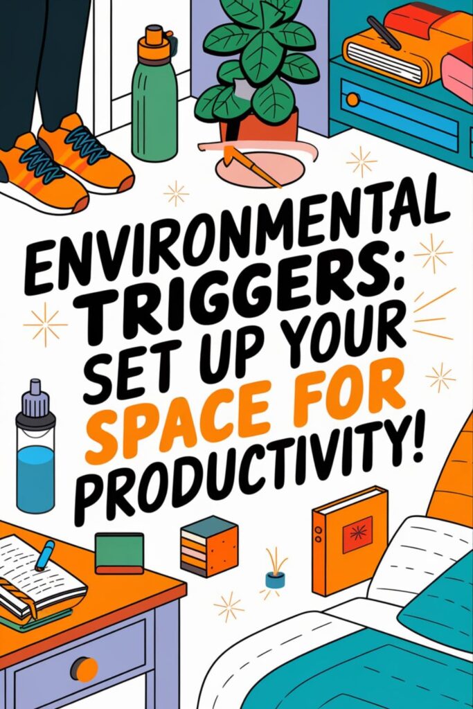 Items like shoes, water bottle, and journal placed strategically