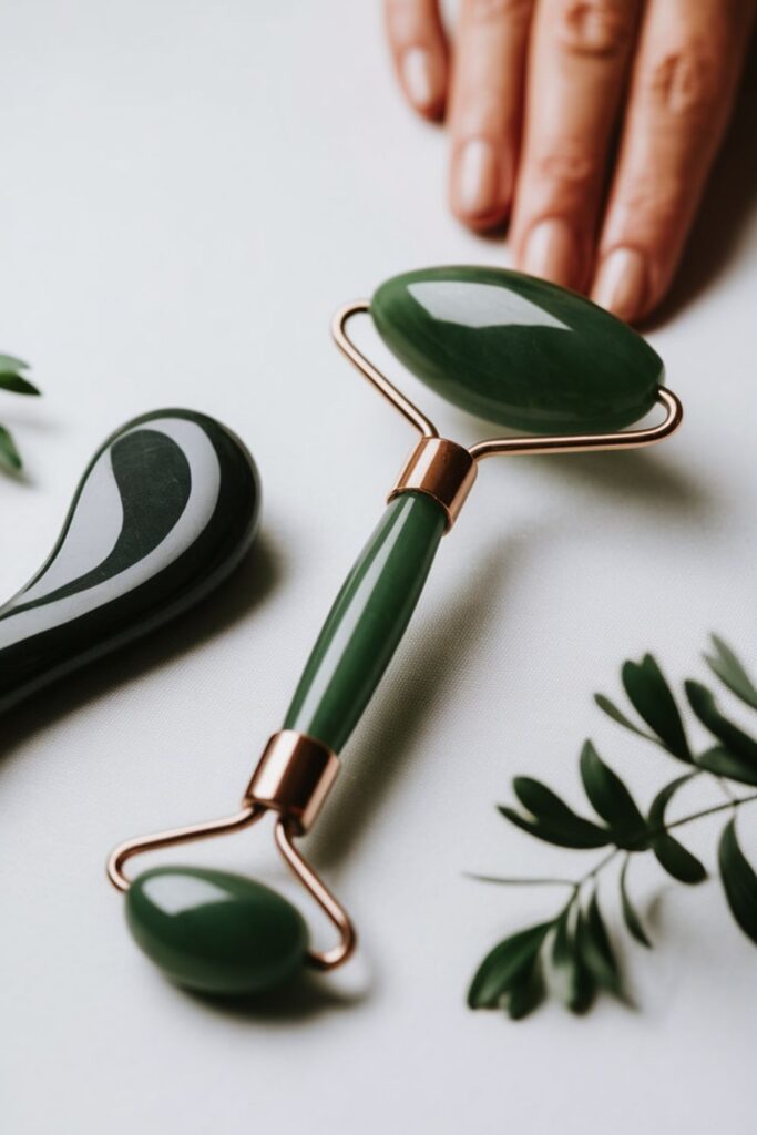Jade gua sha and facial roller set for facial tension