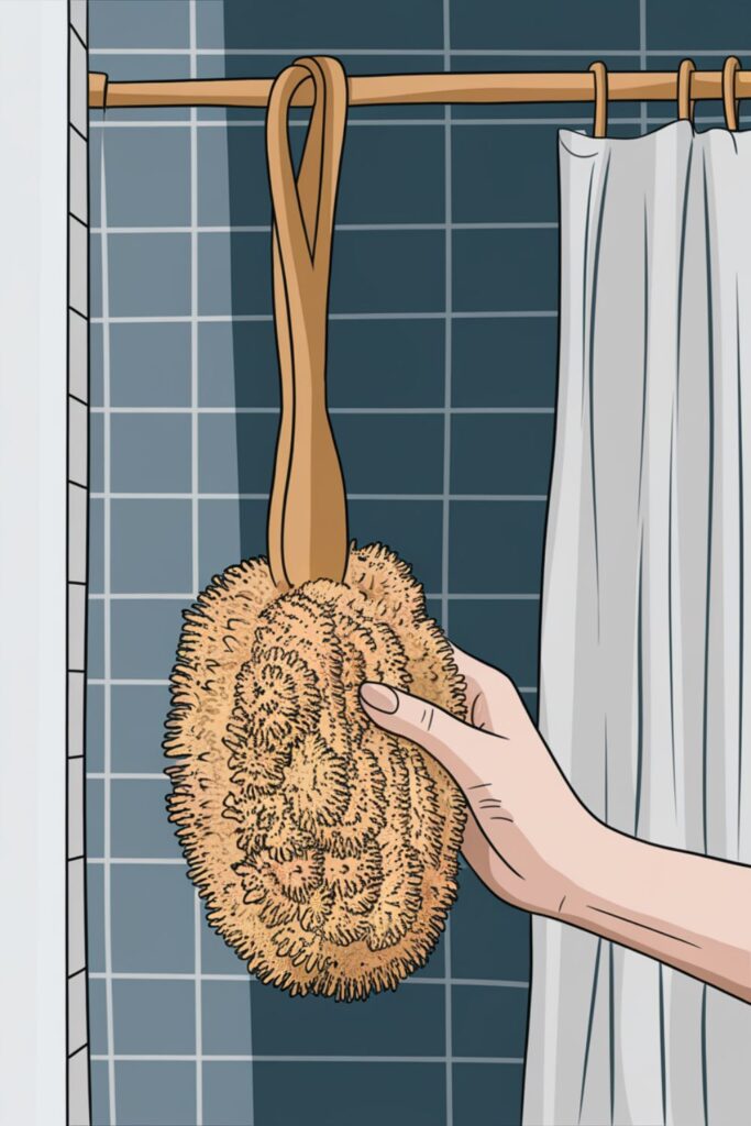 Long-handled natural loofah body scrubber for exfoliation