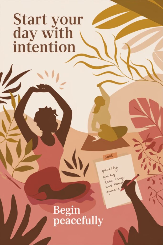 Morning scene with a person stretching, taking deep breaths, and setting intentions