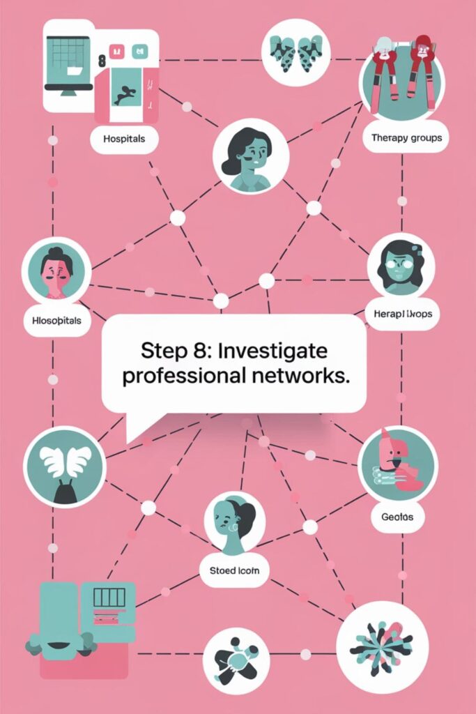 Network of professionals with icons like hospitals and groups, pink background