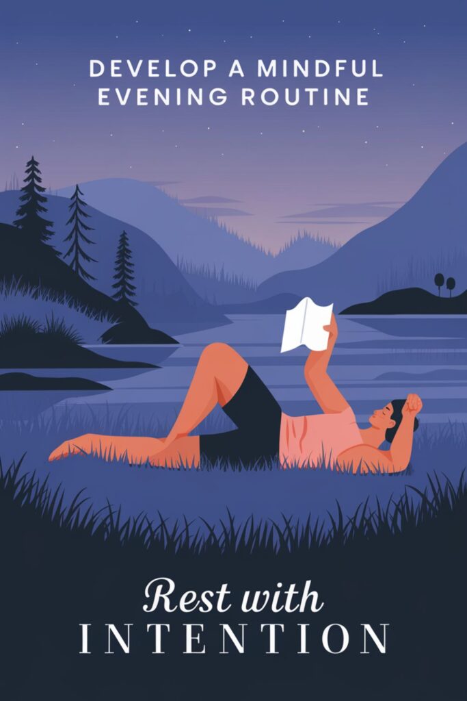 Nighttime routine with reading, stretching, and preparing for sleep in calming colors