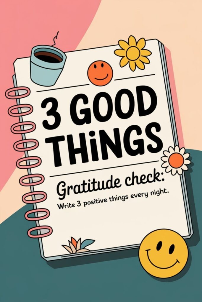 Notebook open with '3 Good Things' written, surrounded by small icons like a coffee cup and sun