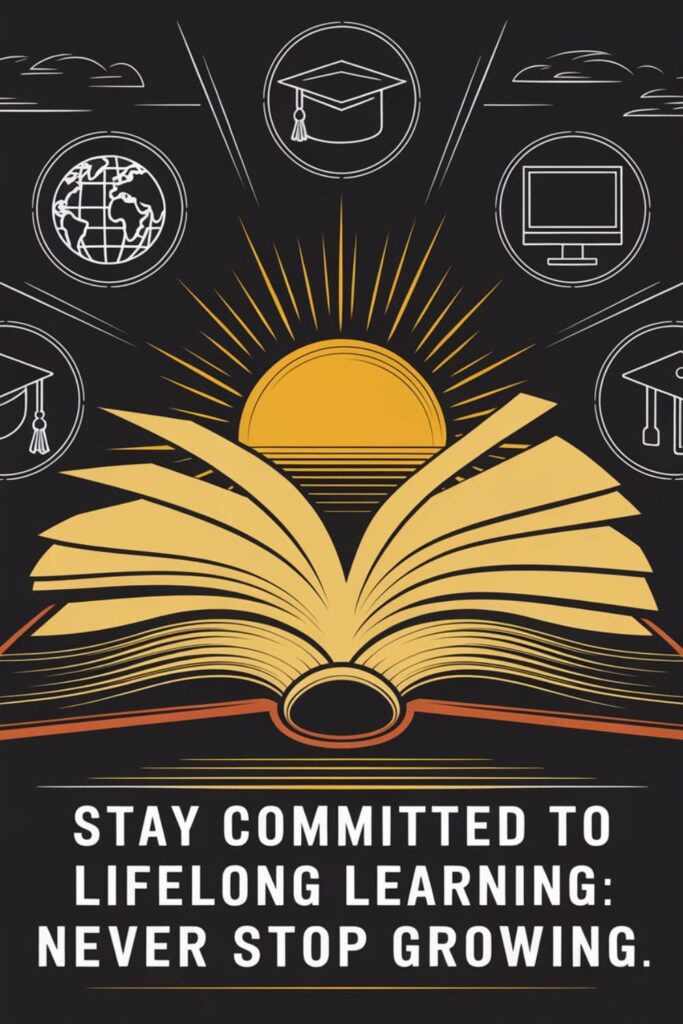Open book with glowing pages and learning icons around it