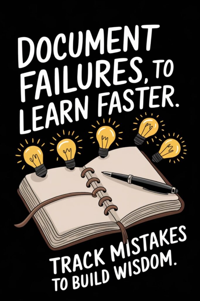 Open journal with lightbulbs around it and text 'Document Failures, Learn Faster