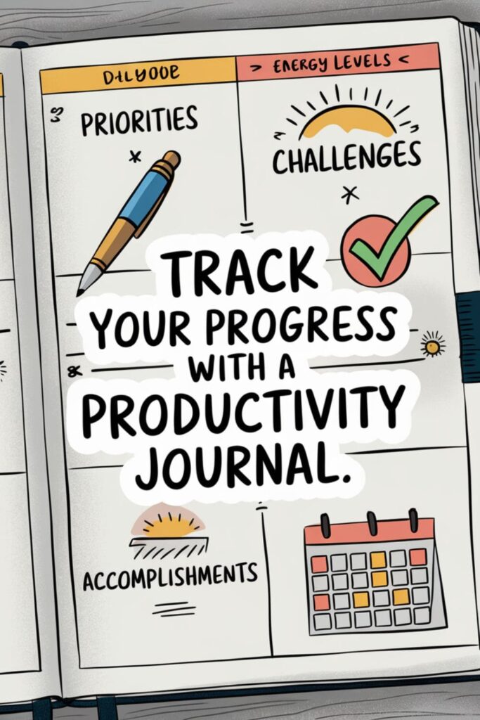 Open journal with sections for priorities, energy, accomplishments, and challenges