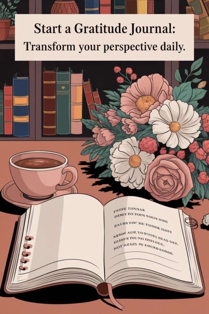 Open notebook on a desk with coffee and flowers, ready for journaling