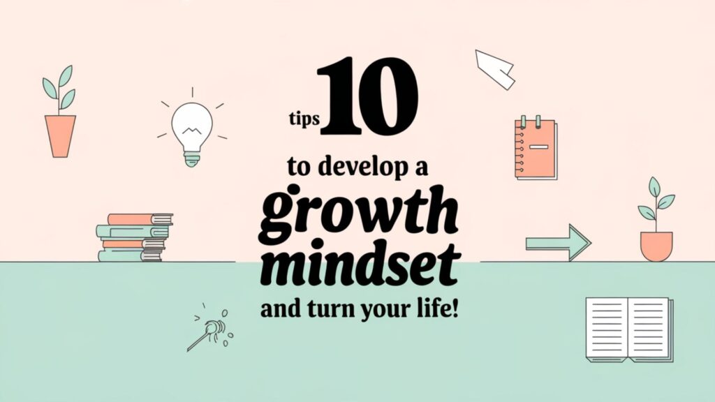 Pastel background with '10 Tips to Develop a Growth Mindset' and growth icons