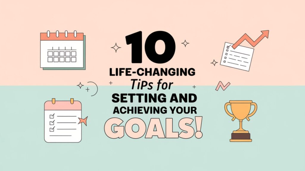 Pastel background with bold text 10 Life-Changing Tips for Setting and Achieving Your Goals! surrounded by icons like a calendar, checklist, arrow, and trophy
