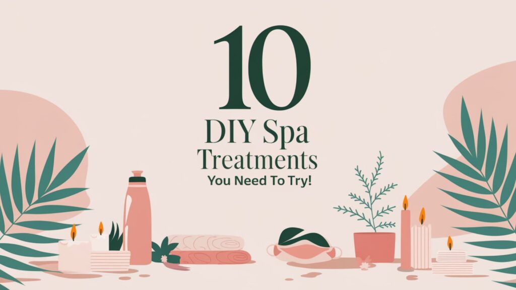 Pastel background with text '10 DIY Spa Treatments You Need to Try!' surrounded by self-care icons