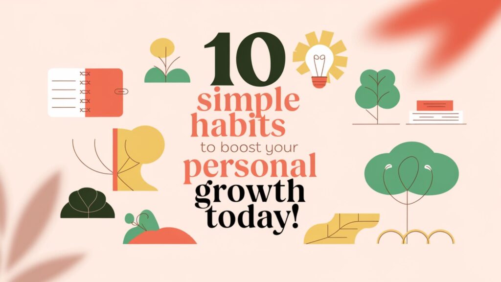 Pastel background with text '10 Simple Habits to Boost Your Personal Growth Today!' surrounded by growth-themed icons