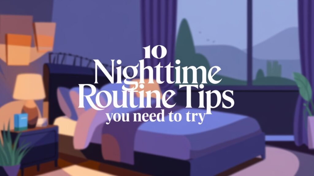Peaceful bedroom with text overlay 10 Nighttime Routine Tips You Need to Try.