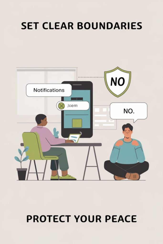 Peaceful workspace with a person turning off notifications and saying 'No'