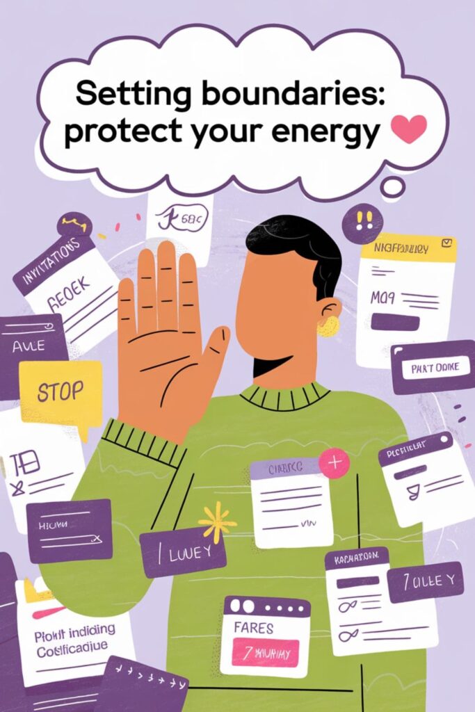 Person holding up a hand to stop notifications and invitations, promoting boundary setting