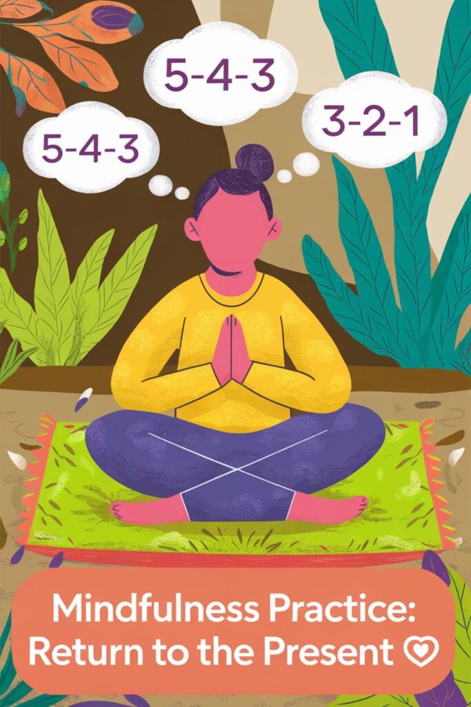 Person meditating with a 5-4-3-2-1 grounding technique thought bubble