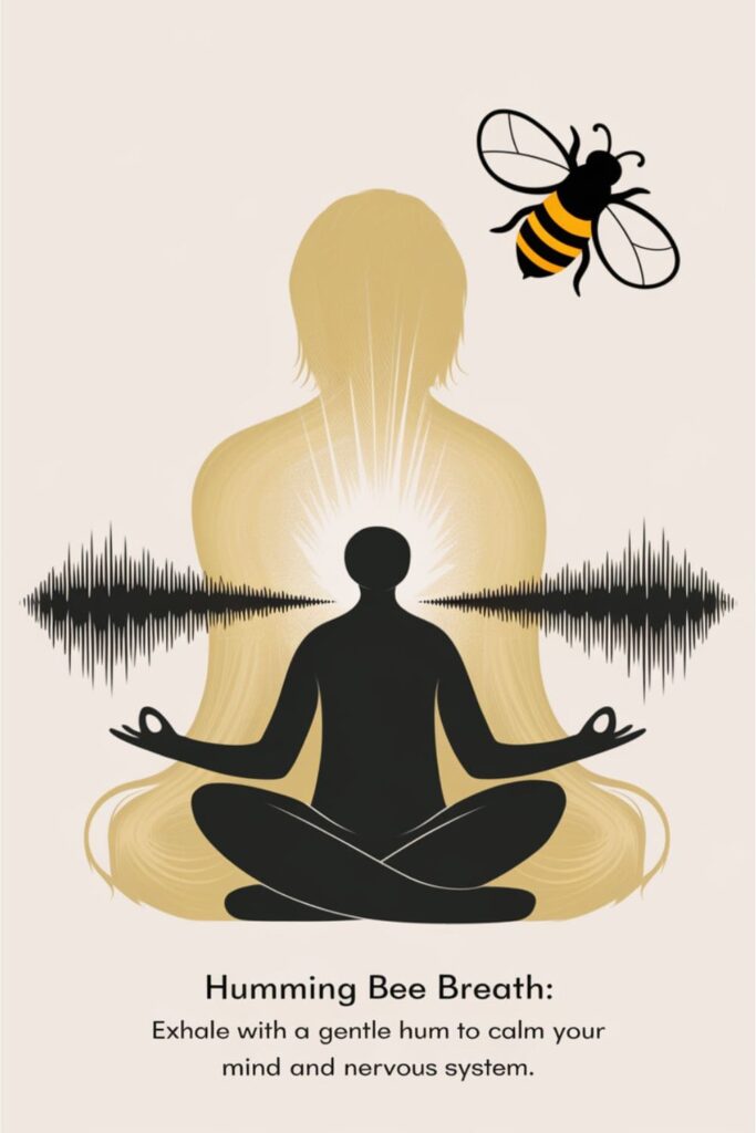 Person meditating with sound waves and a bee icon representing calming hums