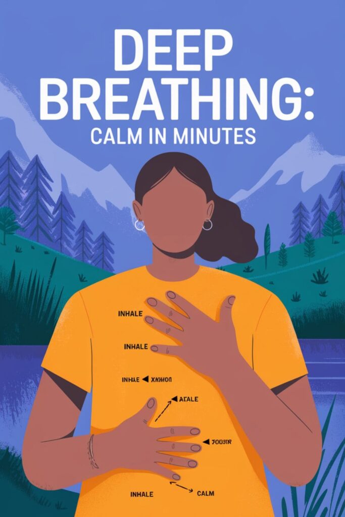 Person practicing deep breathing with arrows showing inhale and exhale counts