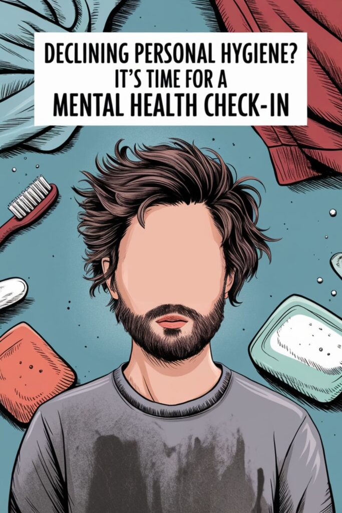 Person showing signs of poor hygiene, with a focus on personal care items like toothbrush and soap
