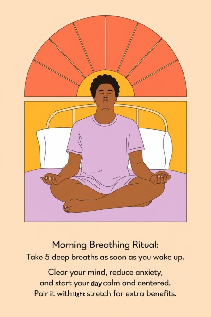 Person sitting cross-legged on a bed, taking deep breaths with a sunrise background