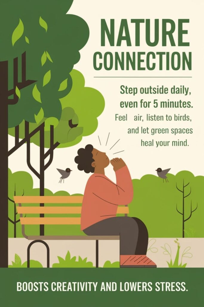 Person sitting on a park bench surrounded by trees, birds, and a calming atmosphere