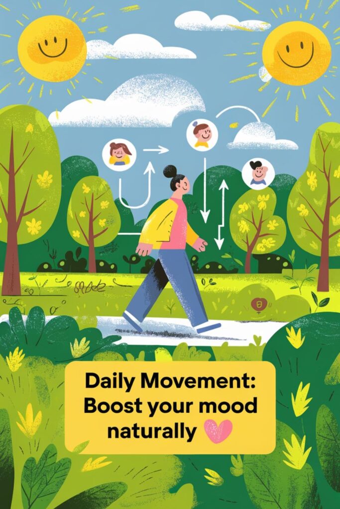 Person walking in a sunny park with trees and endorphin icons