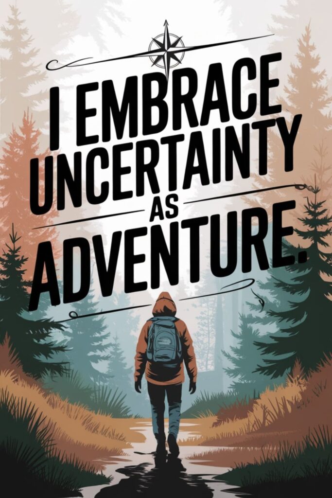 Person walking into foggy wilderness with text overlay about embracing the unknown