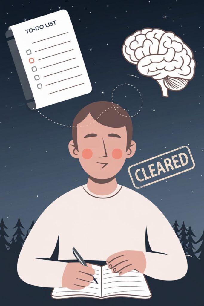 Person writing a to-do list in a journal to clear the mind before bed
