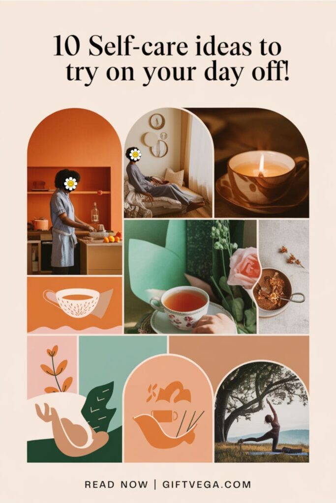Pinterest-style collage of self-care activities with a text overlay