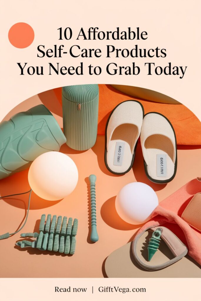 Pinterest-style image showcasing 10 affordable self-care products with text overlay