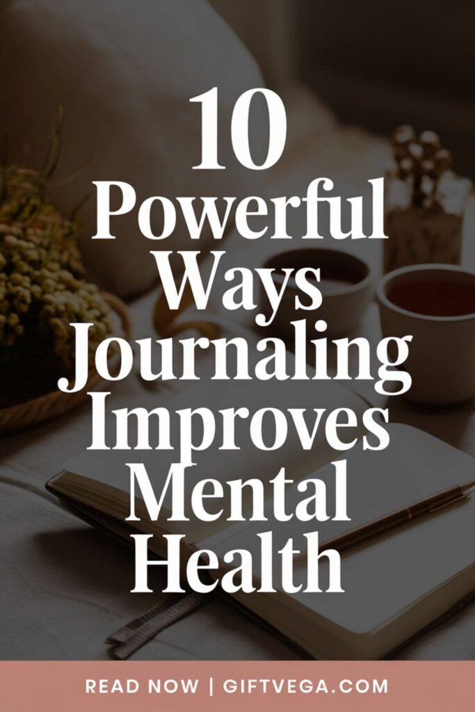 Pinterest-style image with an open journal and a calming background, featuring text overlay _10 Powerful Ways Journaling Improves Mental Health_ and Read Now _ GiftVega.com