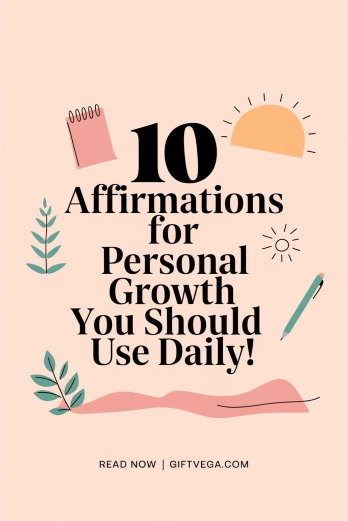 Pinterest style image with bold text '10 Affirmations for Personal Growth' surrounded by minimalist icons